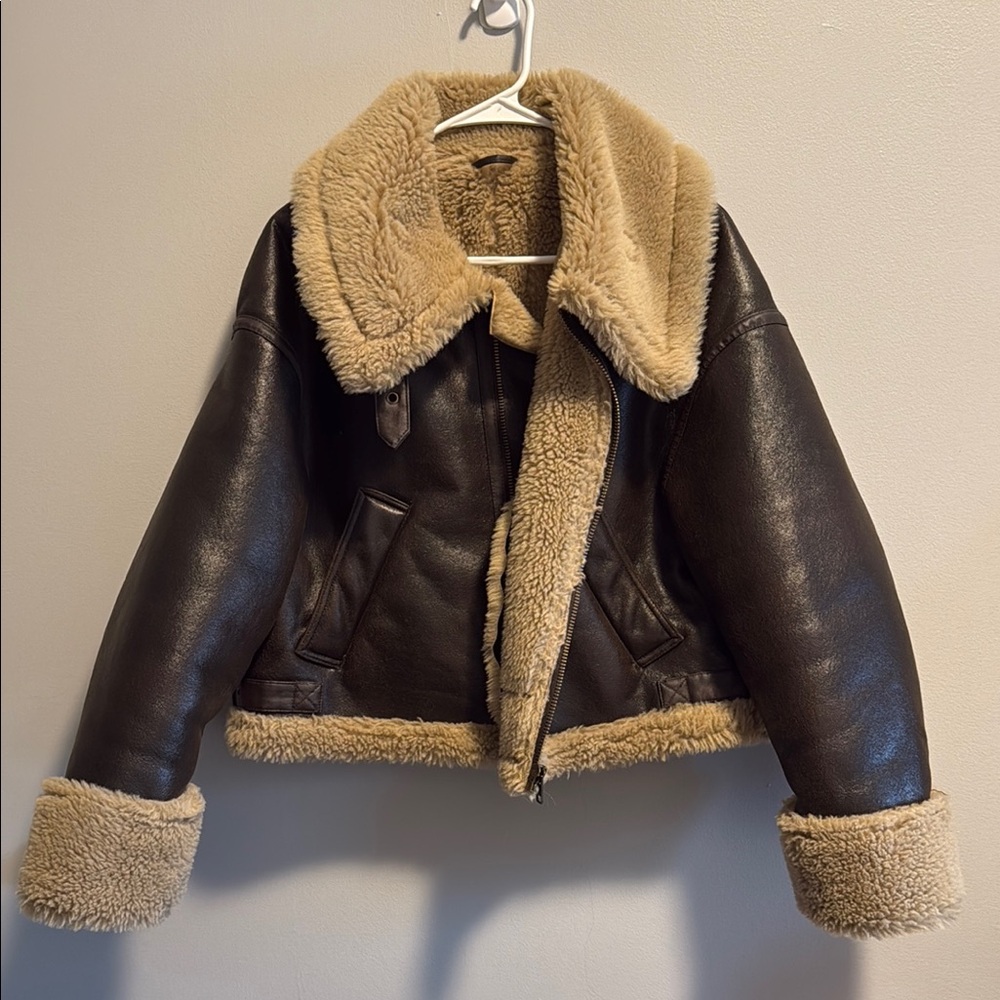 Brown Leather Aviator Jacket with Shearling Trim
